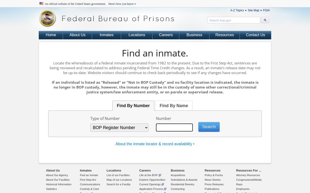 Federal Bureau of Prisons release record locator for Sumner County federal cases