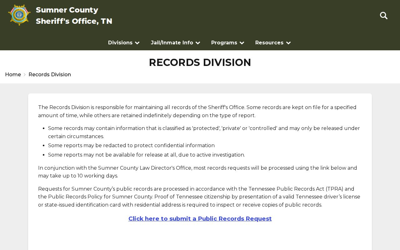 Sumner County release records division instructions