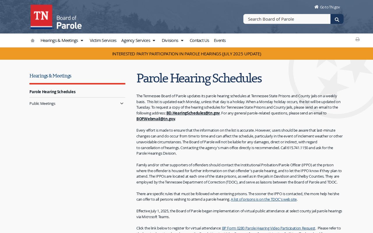 Sumner County parole hearing schedule records